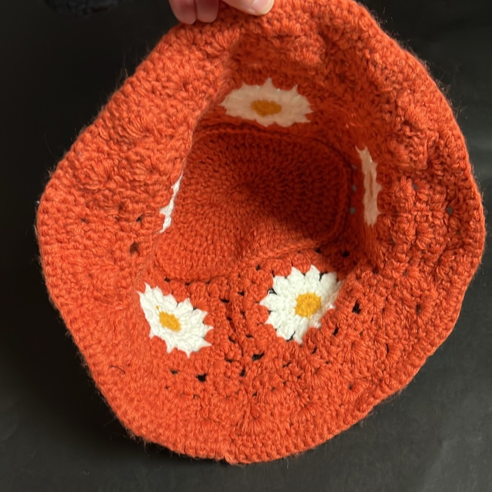 Handmade Orange Daisy Flower Crochet Bucket Hat - Picture 2 of 5